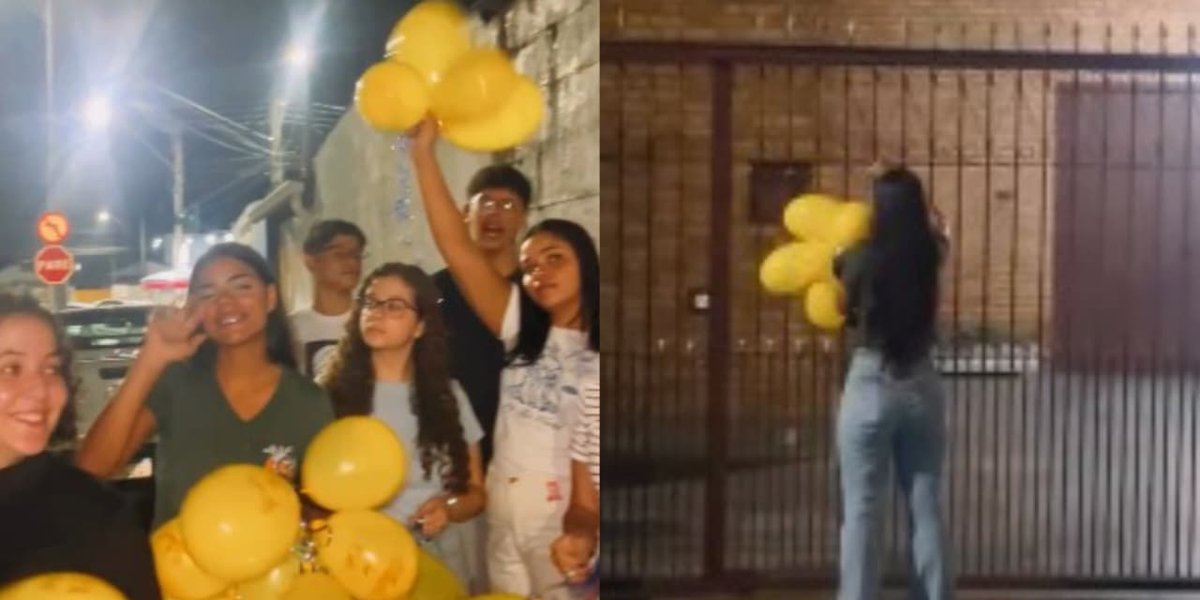 Jovens evangelizam com balões e mensagens de fé em casas.